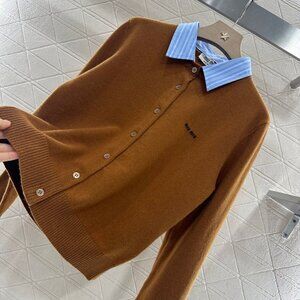 NWT Miu Miu Brown Wool Cardigan with Blue Striped Collar Logo Sz S